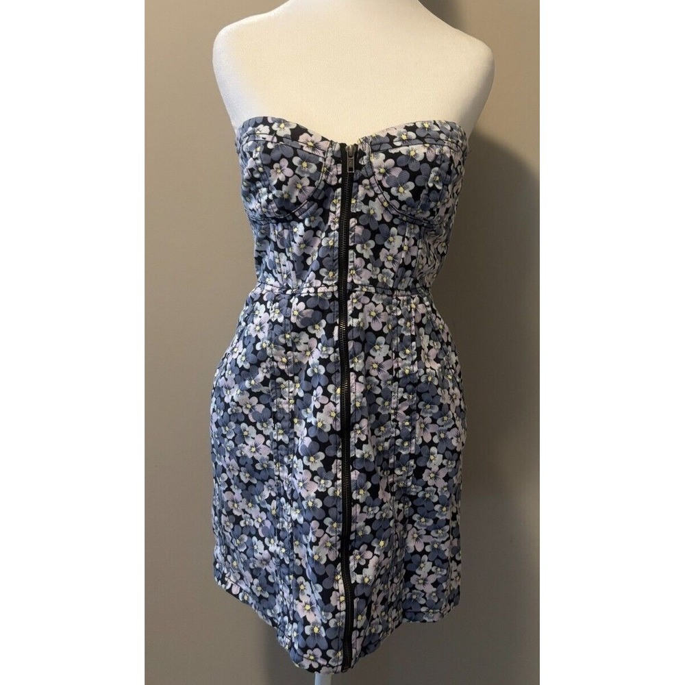 HM Divided‎ Floral Strapless Bustier Mini Dress Purple Blue Pansy Zip Front S